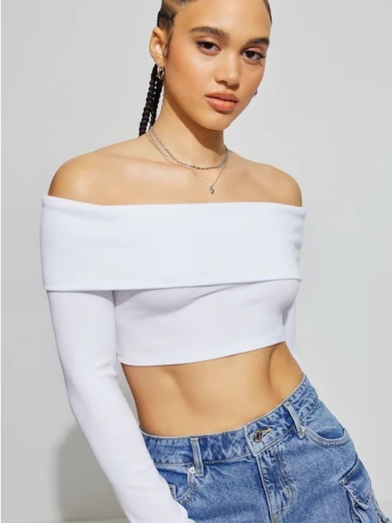 Garage Tops - Garage White Ribbed Off-Shoulder Top